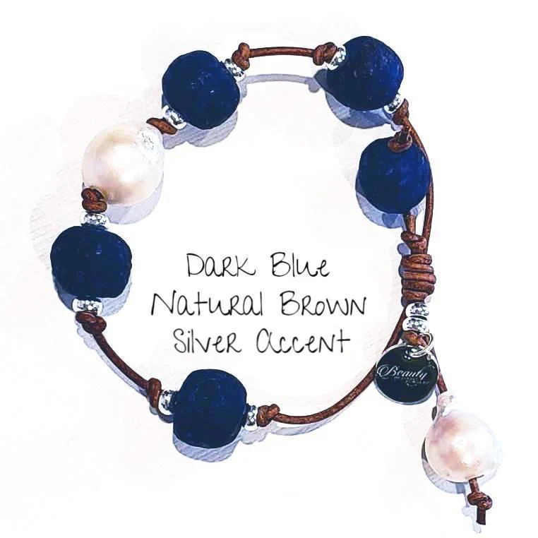 Leather Bracelet with Beach Glass & Pearls