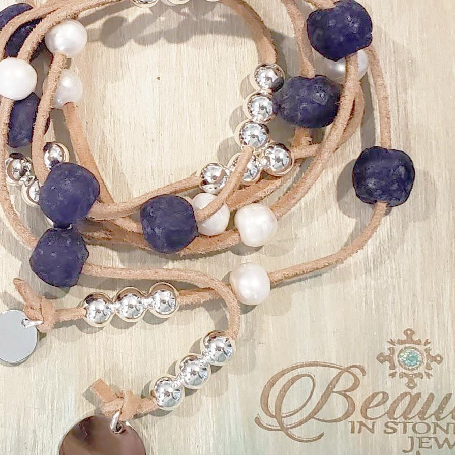 Beach Glass Lariat  in Deep Blue/Navy With Pearls