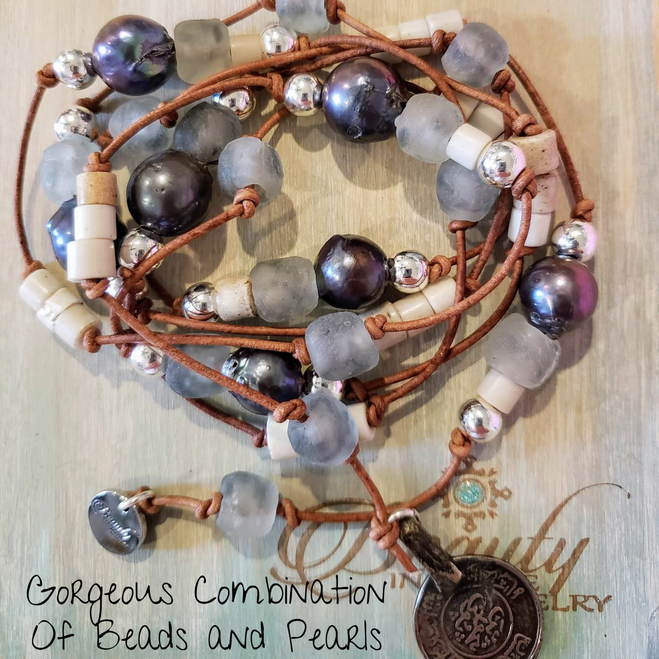 Peacock Pearl Long Lariat Necklace With Beach Glass