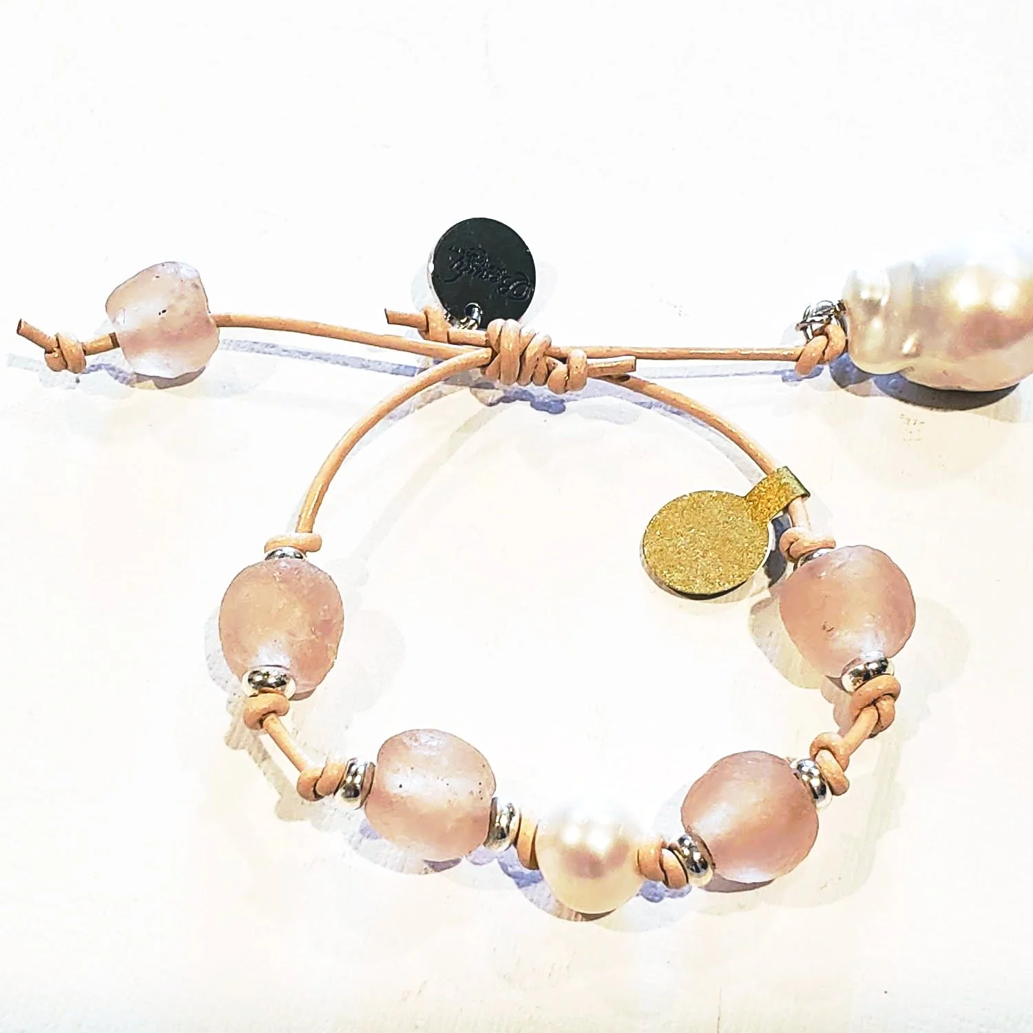 Leather Bracelet with Beach Glass & Pearls