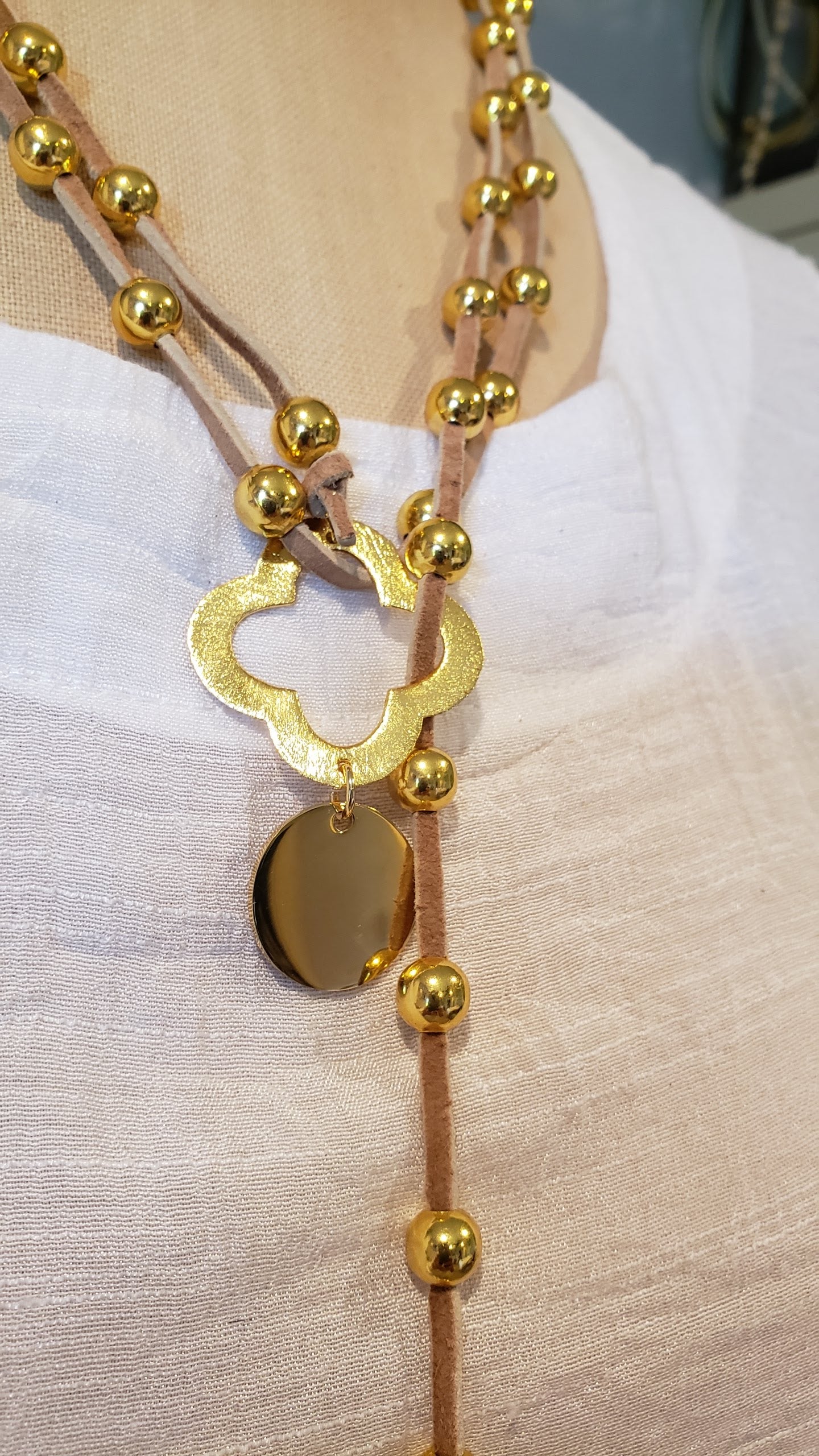 Gold Beaded Lariat With Quatrefoil Clover on Suede Leather