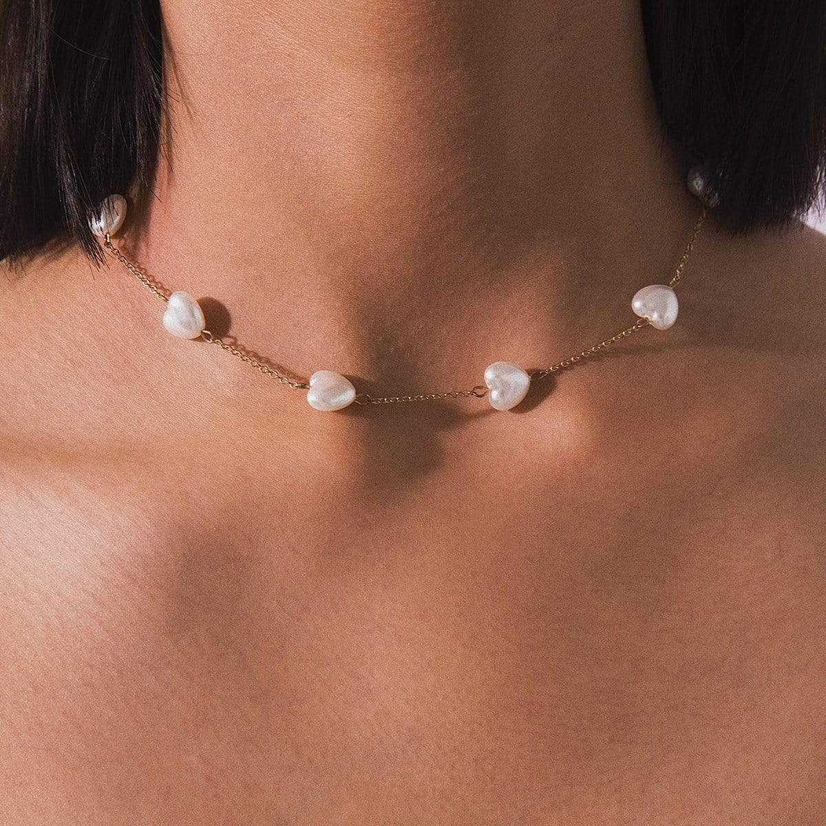 Bohemia Dainty Beaded Heart Shape Pearl Chain Choker Necklace