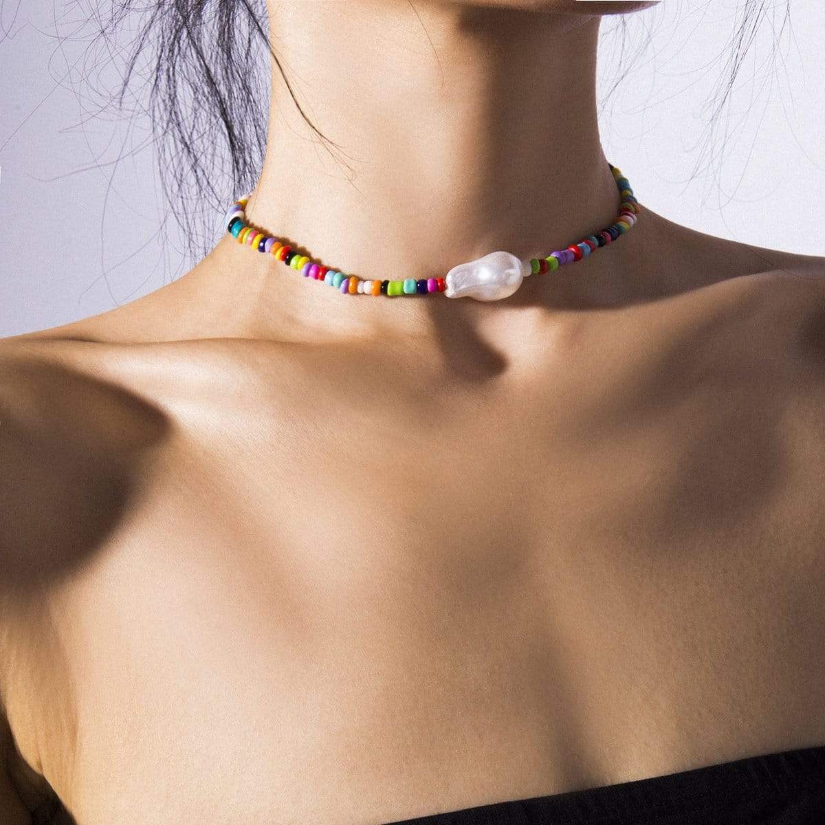 Bohemian Pearl Pendant Colorful Beaded Choker Necklace