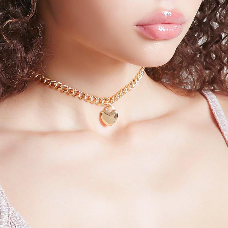 Trendy Gold Silver Tone Curb Link Chain Heart Locket Pendant Choker Necklace