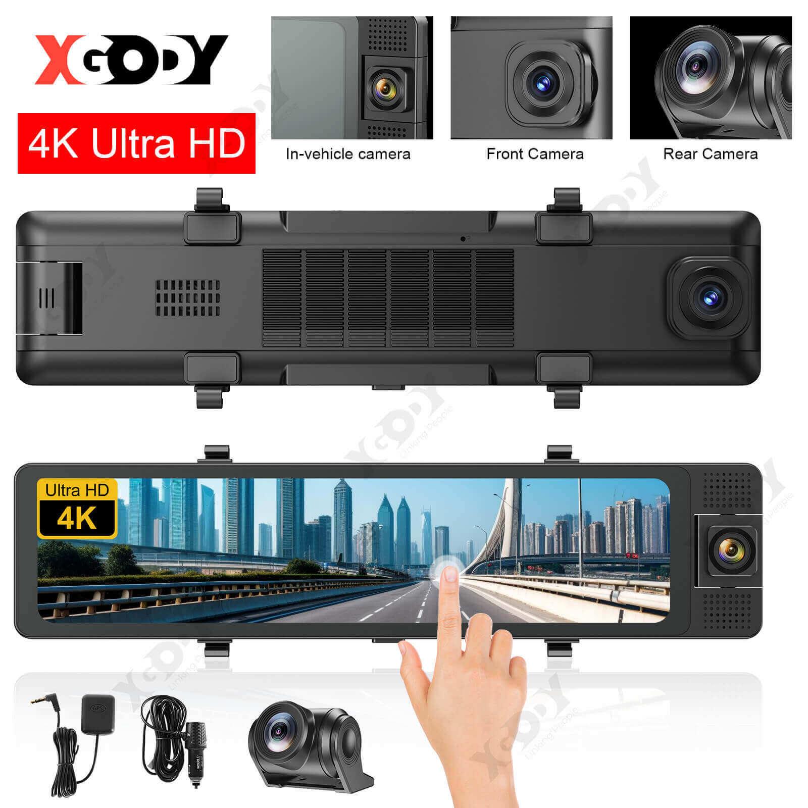 XGODY J406 Triple Channels Dash Cam - 12-Inch Touch Screen, 4K Ultra HD