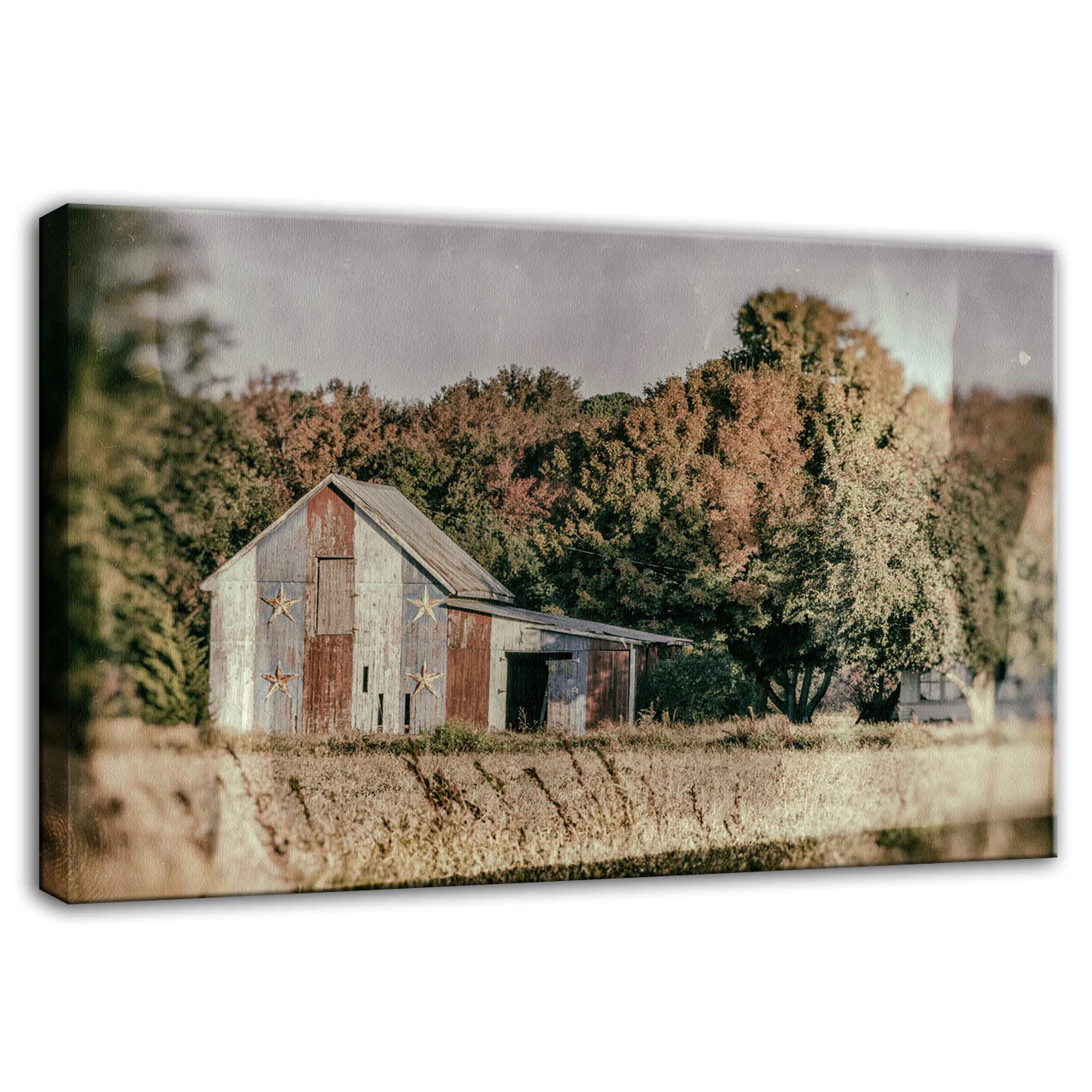 Patriotic Weathered Barn in Field Glass Plate Effect - Print Art Photography Fine Art Canvas