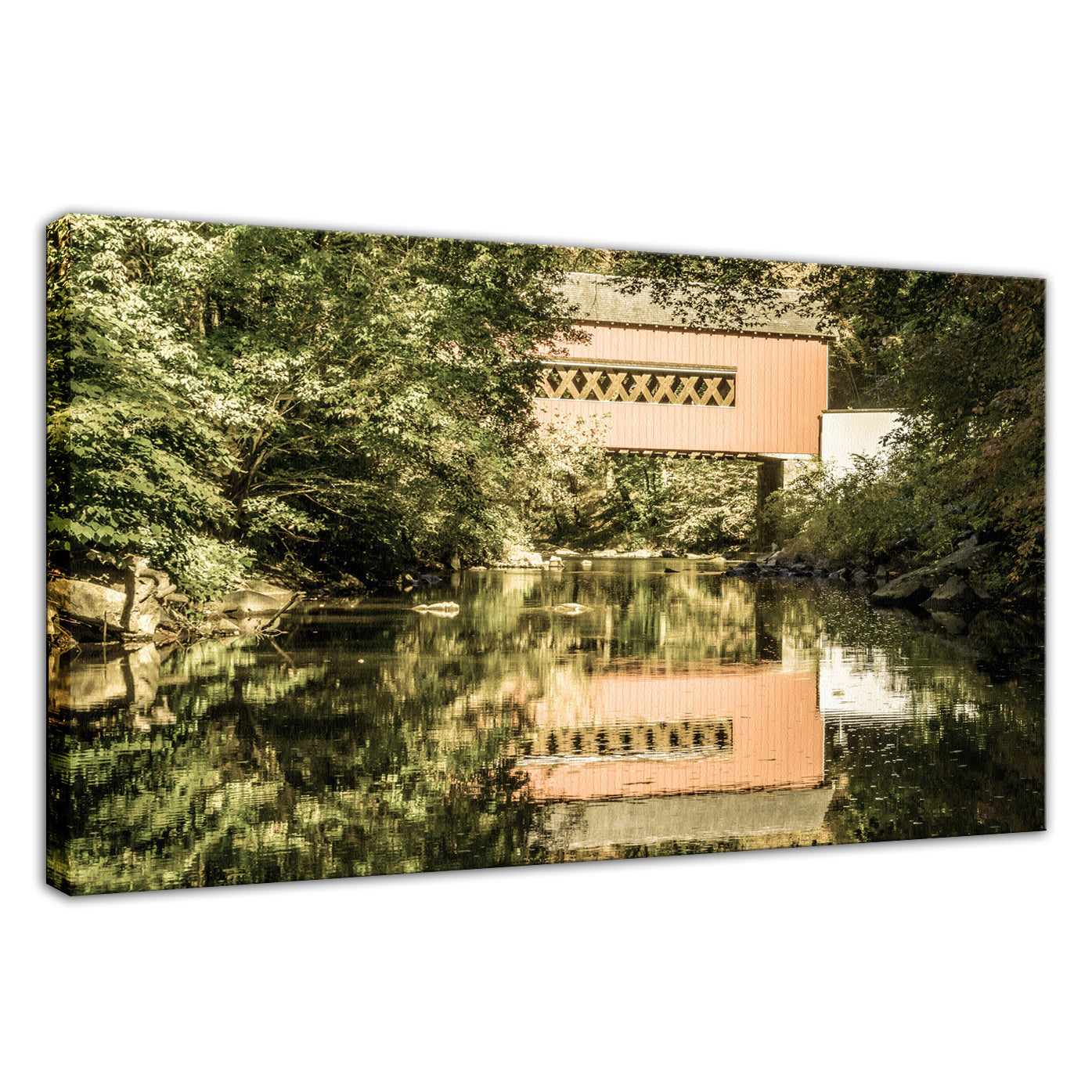 The Reflections of Wooddale Covered Bridge Aged Landscape - Canvas Fine Art Photography Print