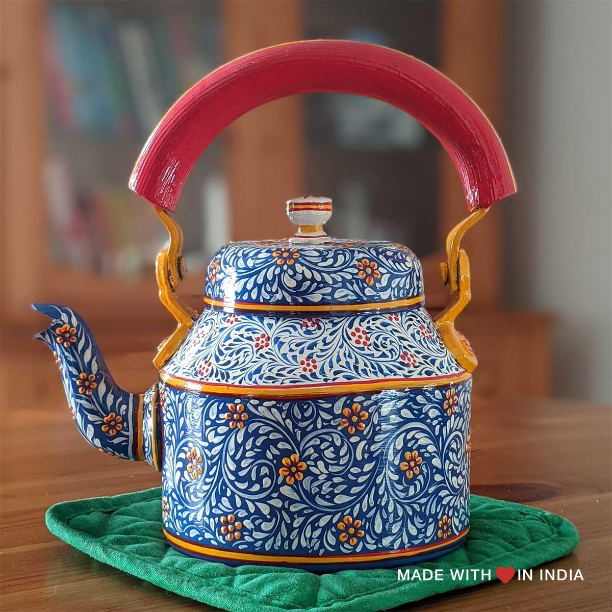 Nilakanth - Hand Painted Chai Kettle Teapot in Blue, Yellow, & Red