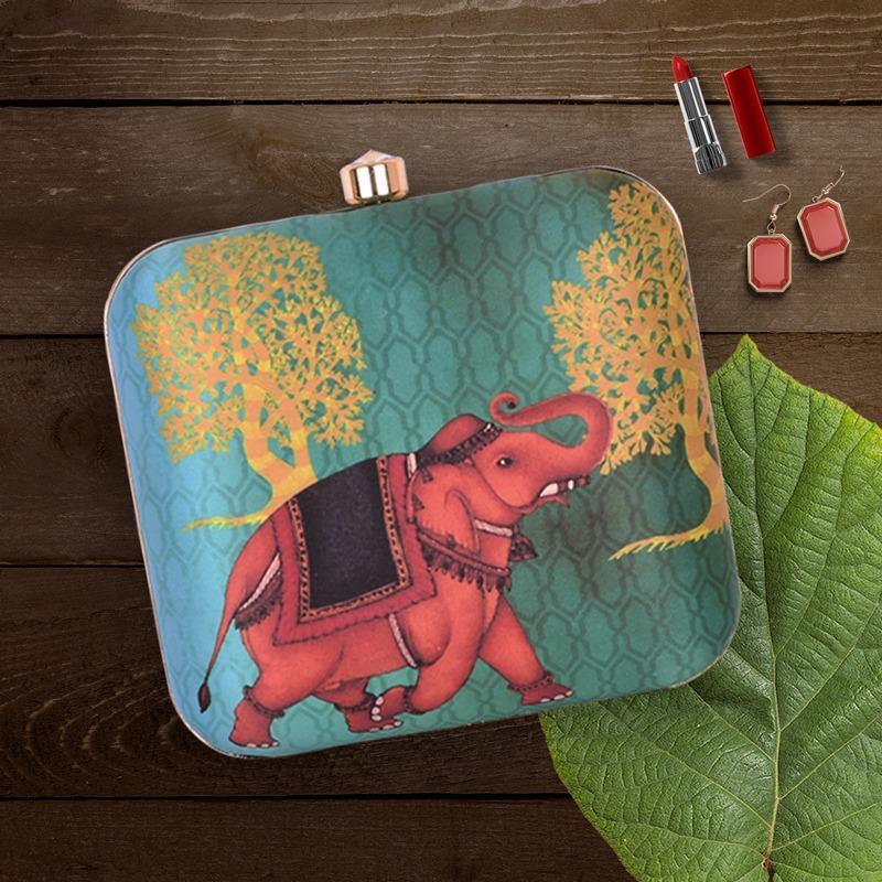 Elephant Trot - Silk Print Designer Clutch