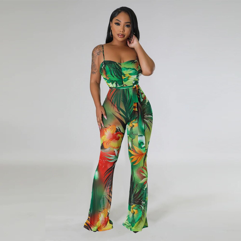 Tropical Print Wide Leg Pleated Jumpsuit
