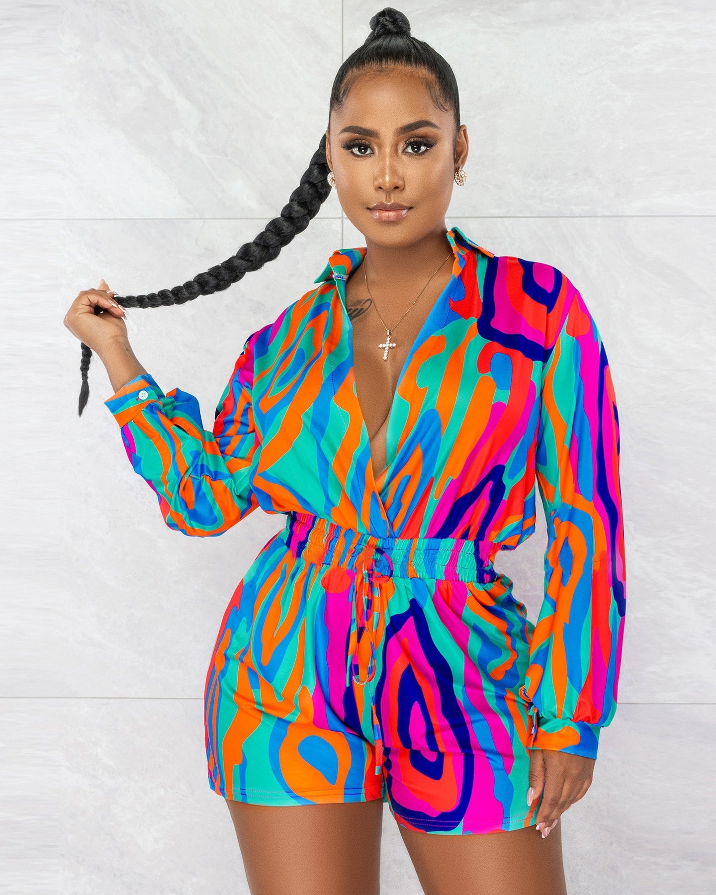Tie Dye Lapel Collar Long Sleeve Shirt Style Romper