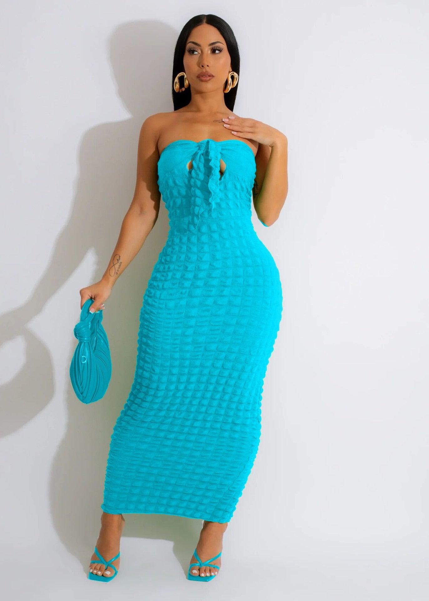 Bubble Texture Bowknot Strapless Maxi Dress