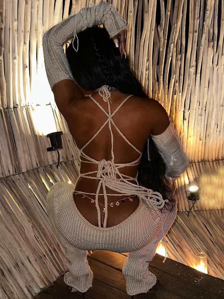 Mesh Knit Lace Up Backless Stacked Playsuit