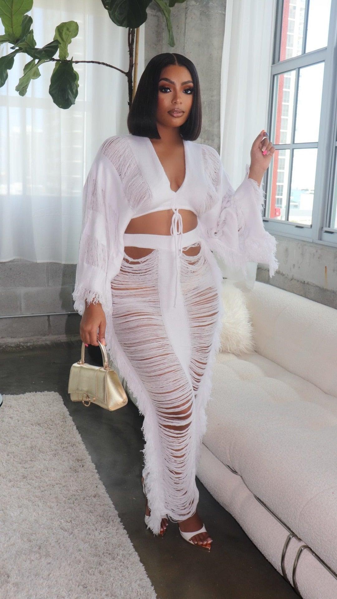 Distressed Lace Up V Neck Crop + Maxi Skirt Set
