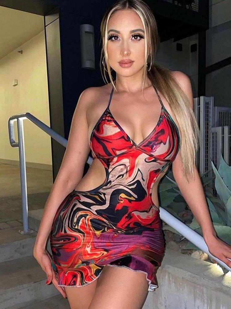 Tie Dye Print Deep V-neck Backless Halter Mini Dress