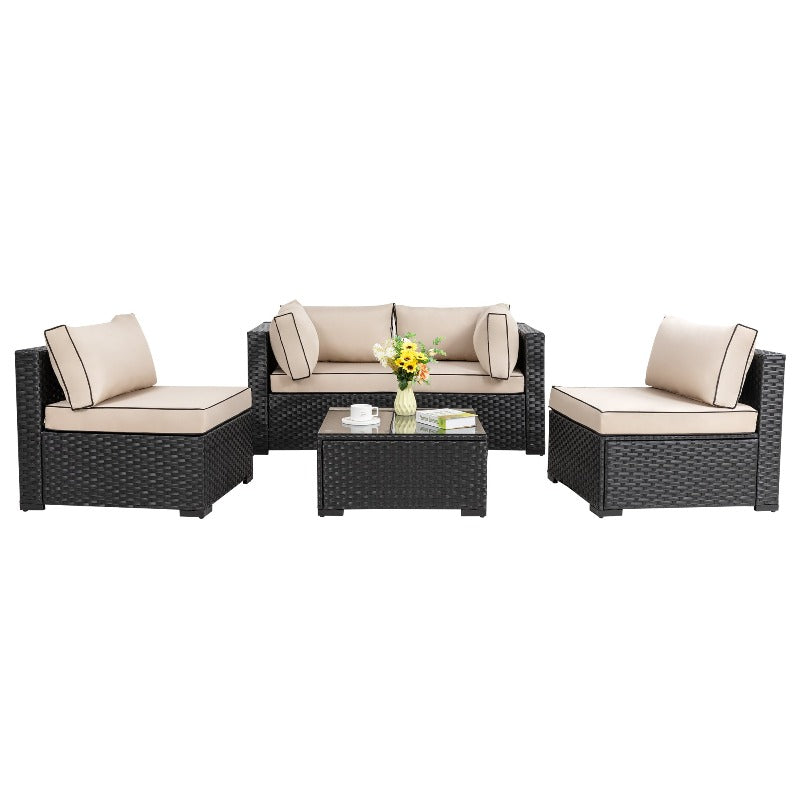 Walsunny Patio Furniture 5 Pieces Outdoor Sectional Sofa, Black Wicker