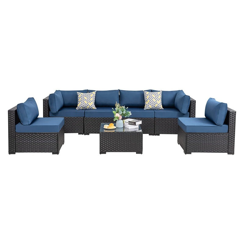 Walsunny Patio Furniture 7 Pieces Outdoor Sectional Sofa Set, Black Wicker