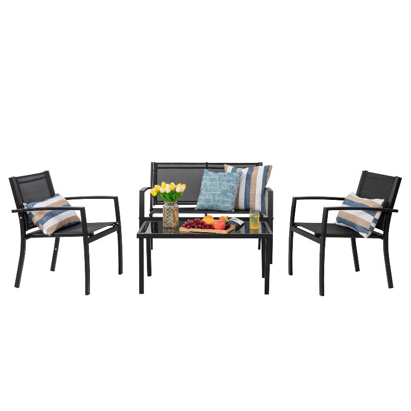 Walsunny Patio Furniture 4 Pieces Outdoor Texilene Loveseat Set & Glass Table