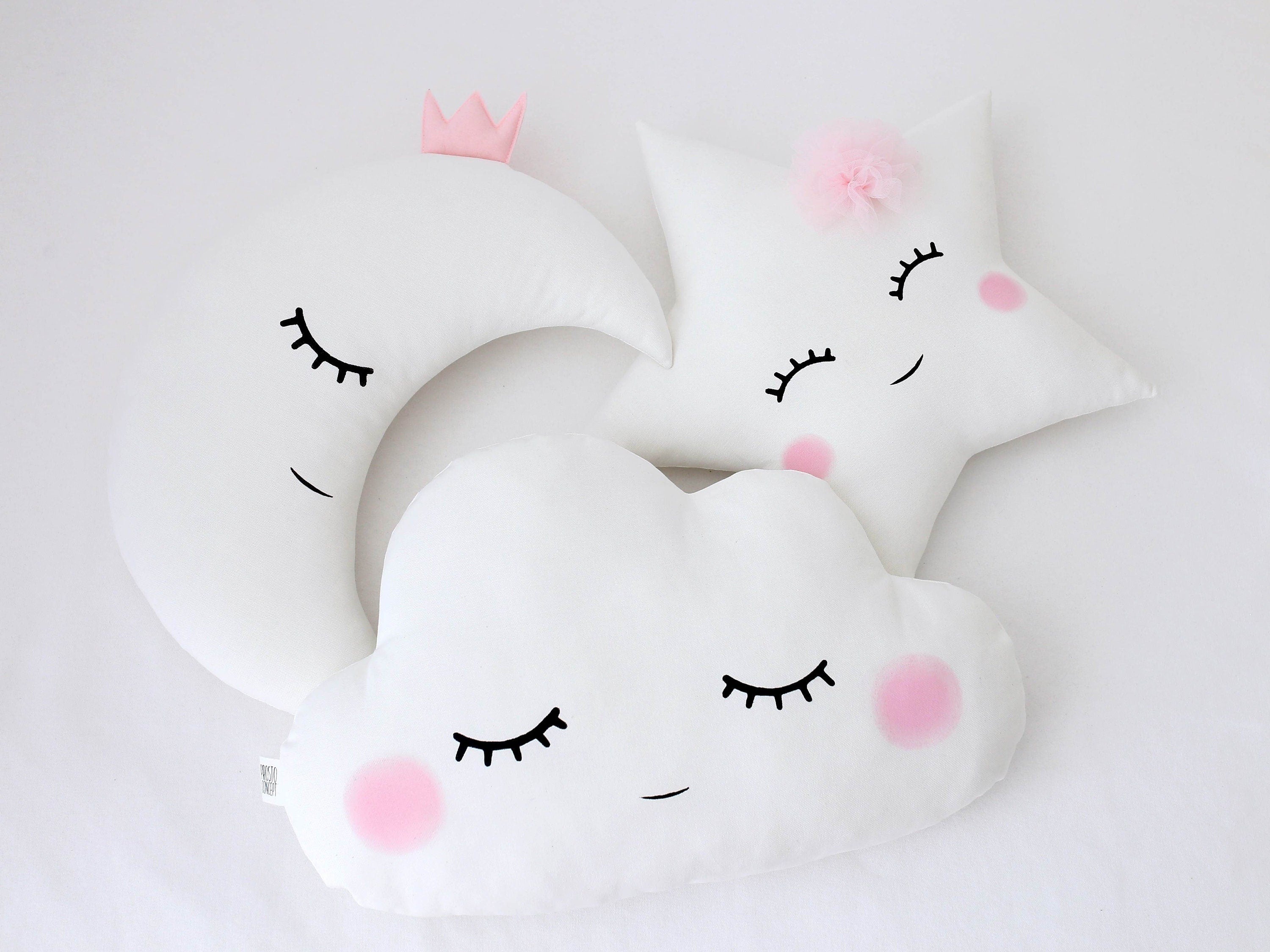 Set of 3 Pillows - Cloud (2 colors), White Crescent Moon and White Star Pillows with Pale Pink Touch