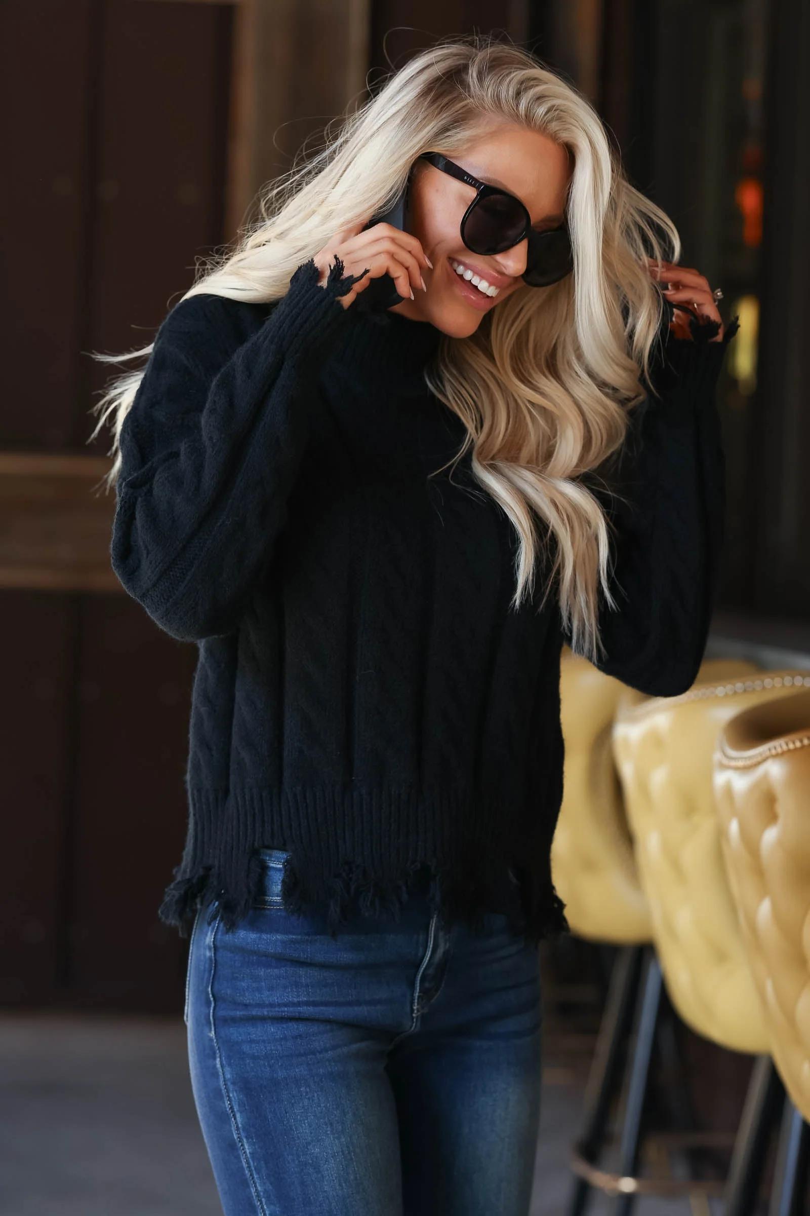 On The Mend Cable Knit Sweater - Black