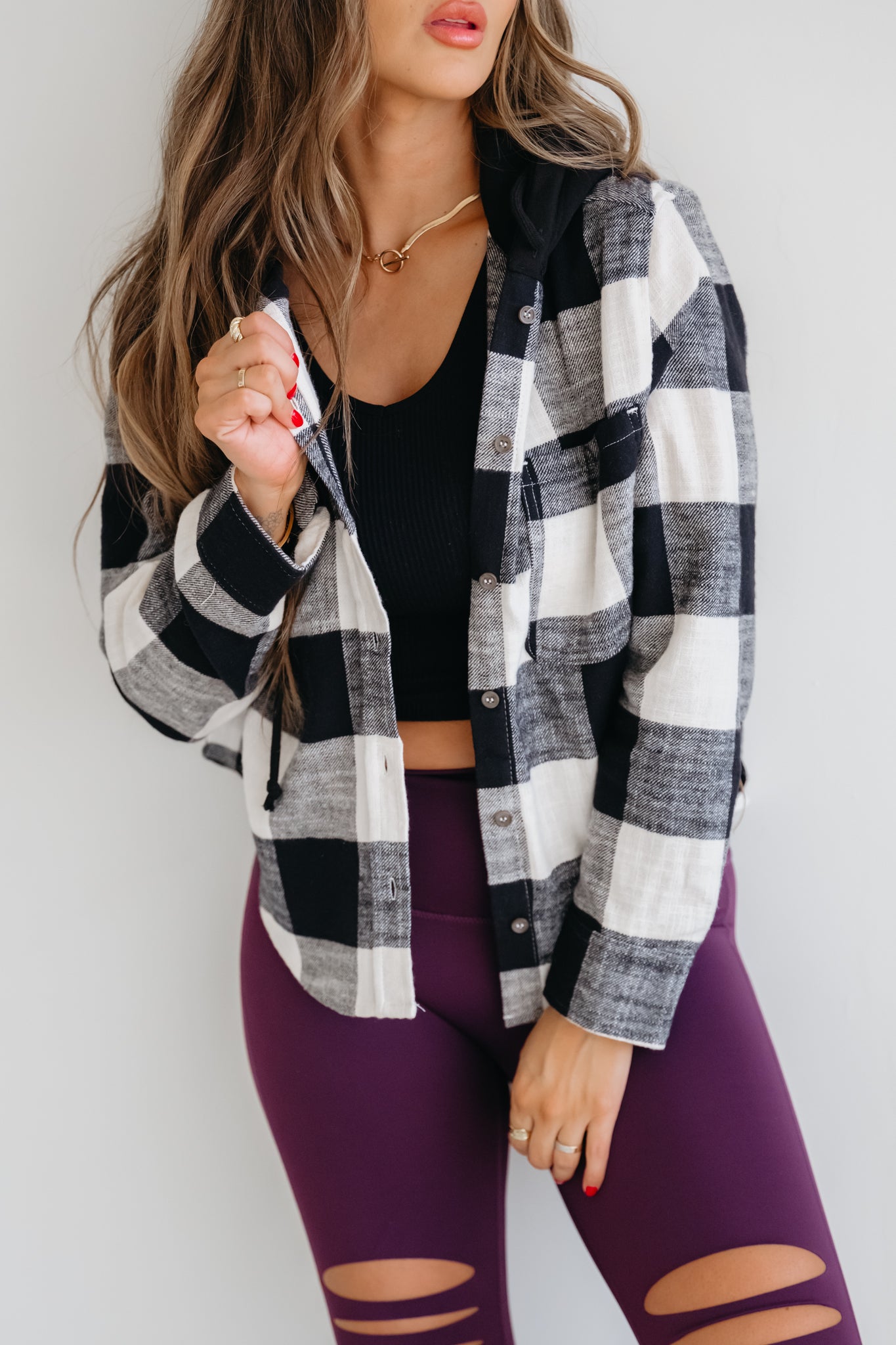 Plaid Like You Mean It Hooded Shirt - Black