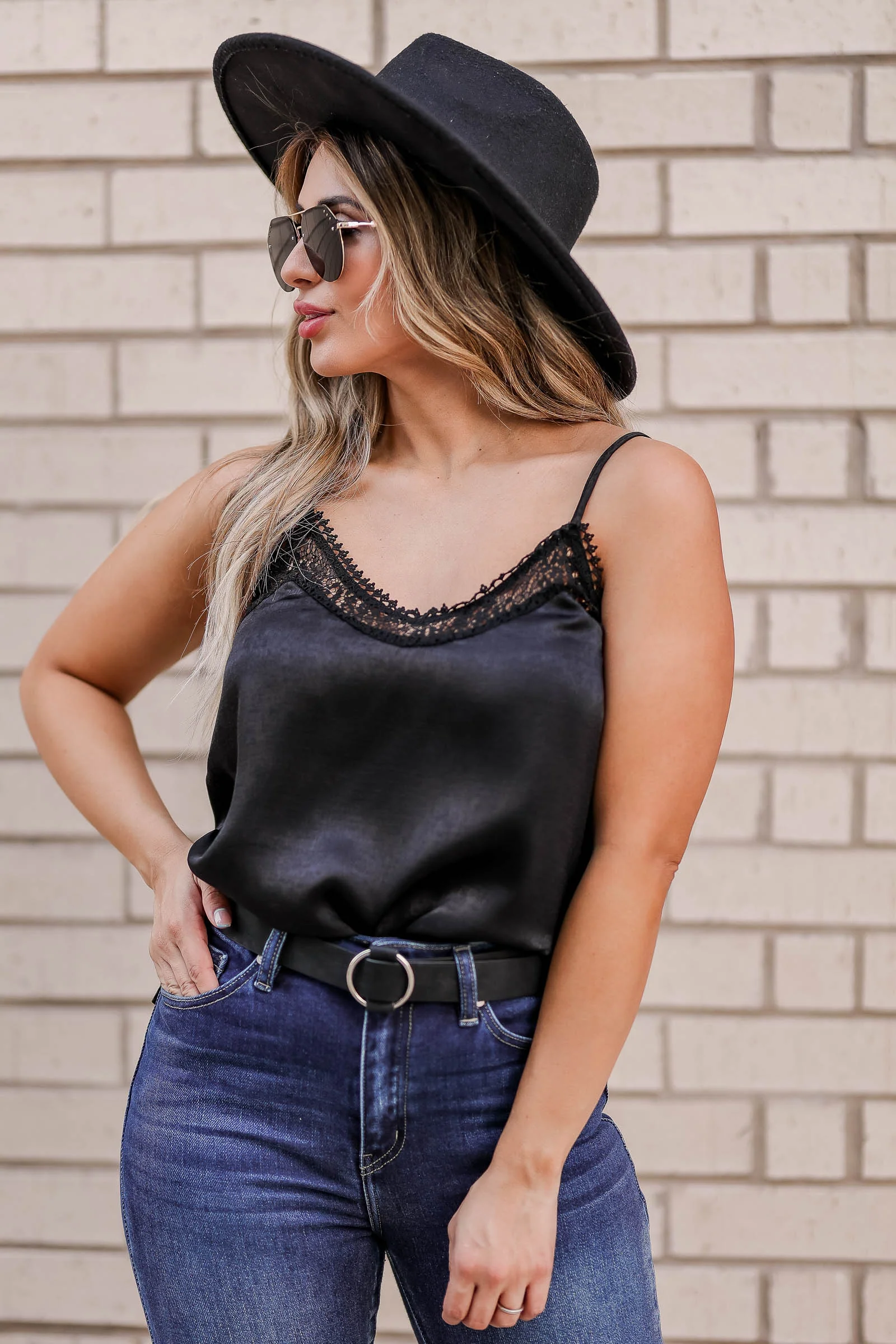 MYSTREE Light of My Life Lace Trim Cami - Black