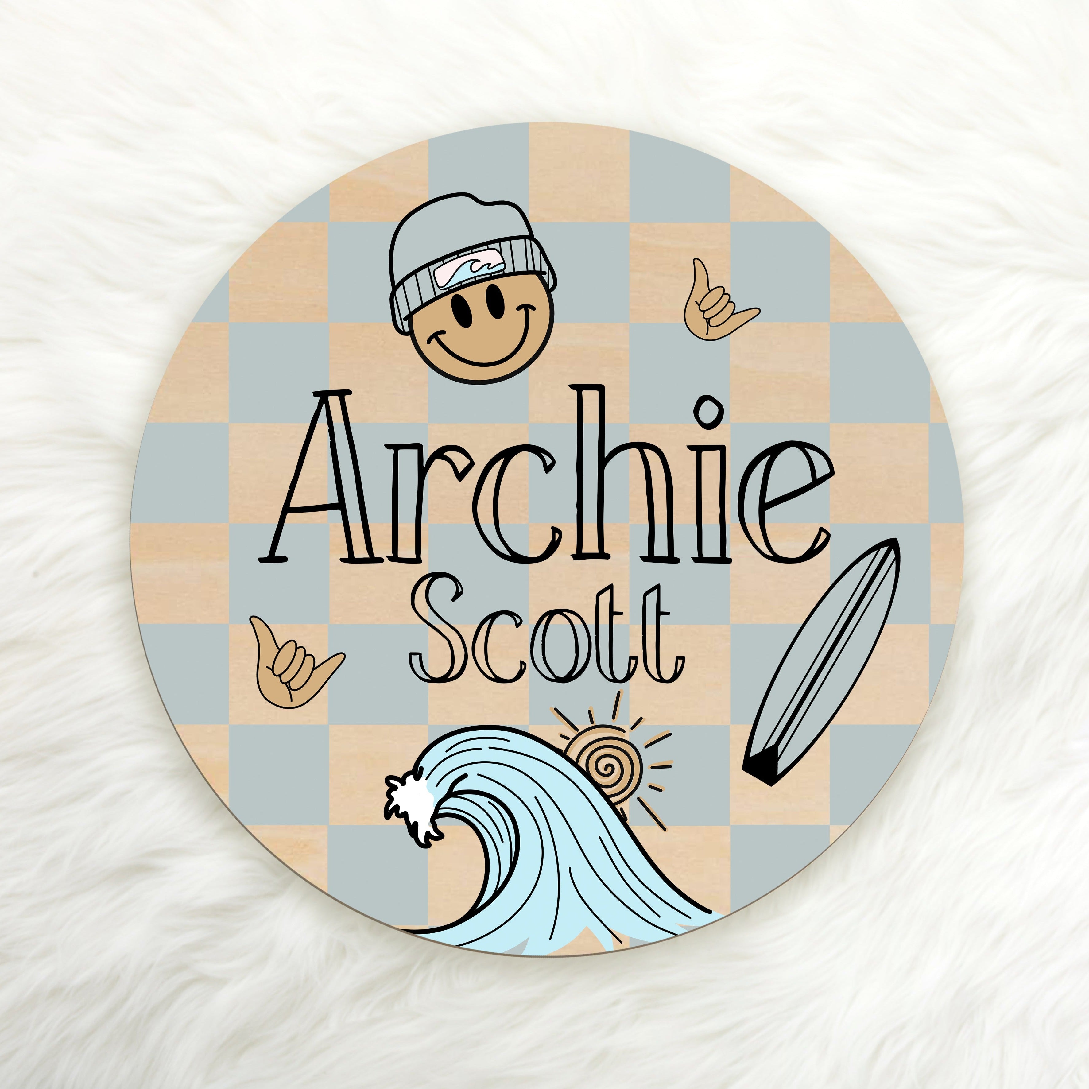 Surfer Smiley Face Custom Name Wood Round