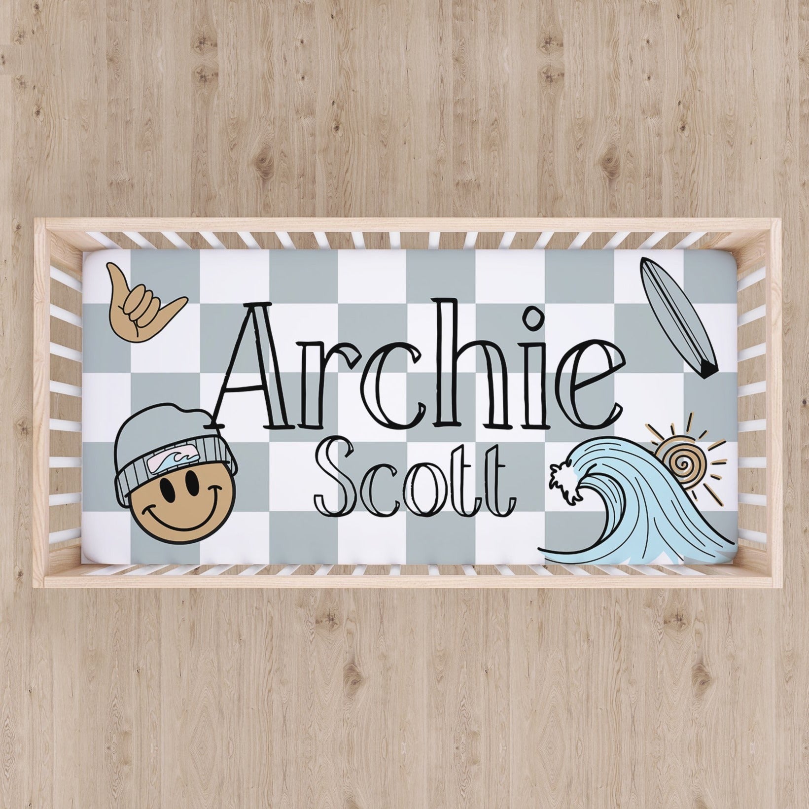 Surfer Smiley Face Custom Name Crib Sheet