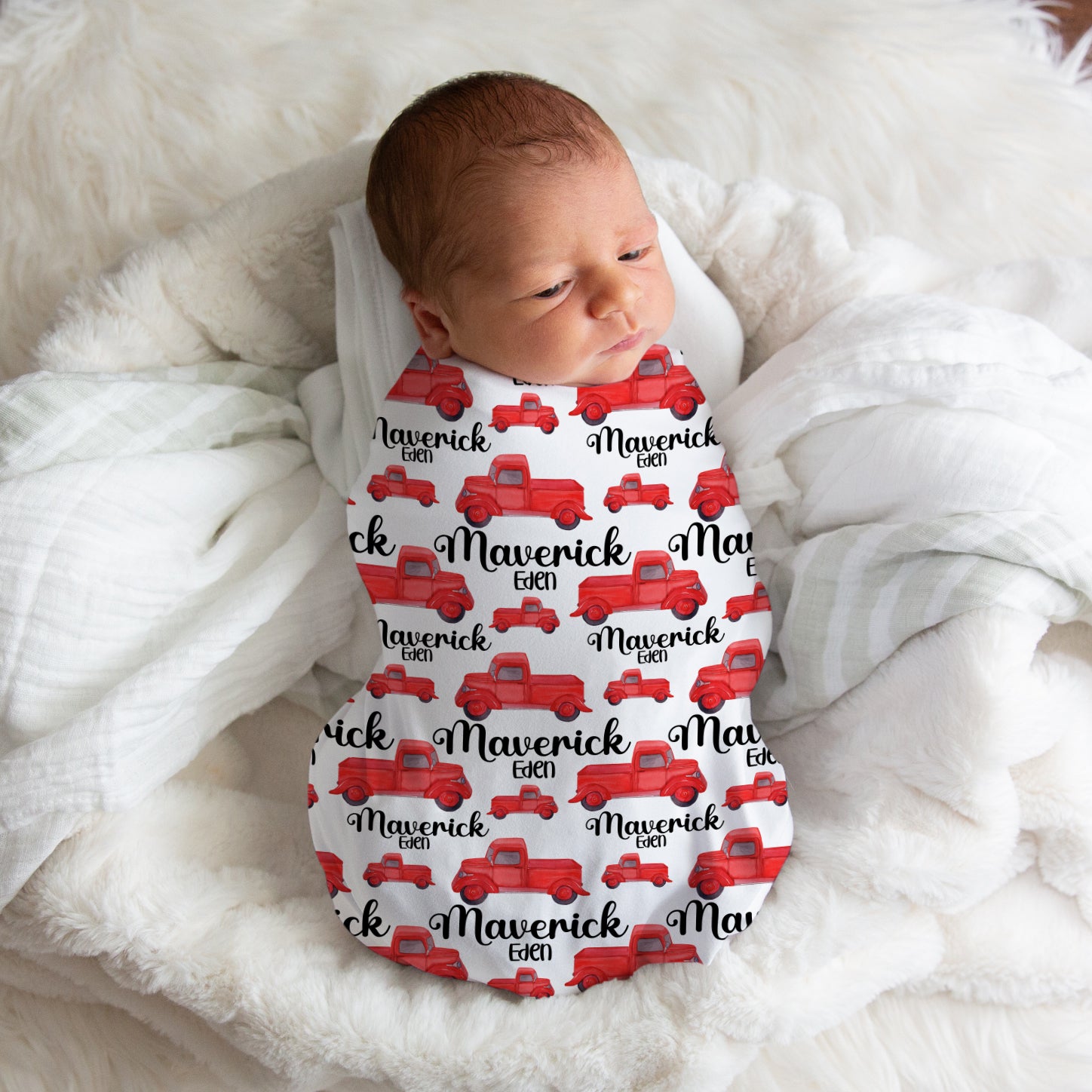 Personalized Red Farm Truck Swaddle Blanket