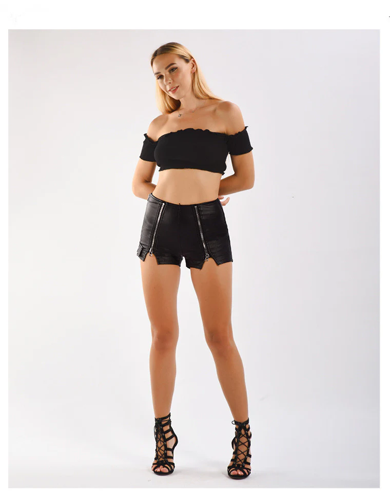 Sexy Mid Rise PU Leather Shorts-Black