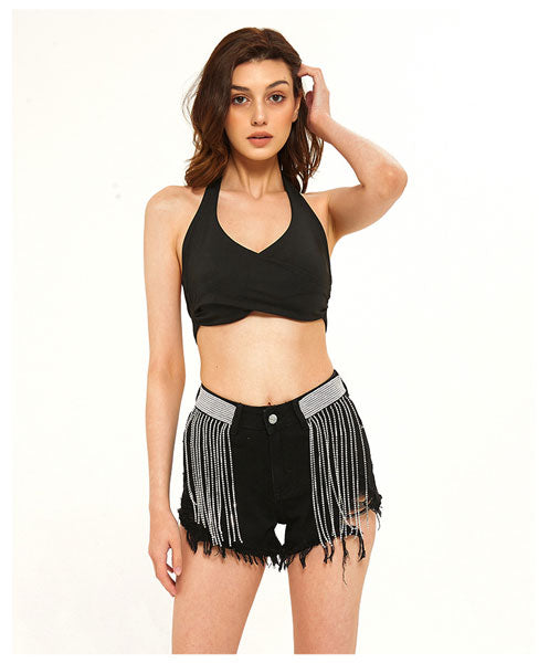 Shimmy Rhinestone High Rise Denim Shorts - Black