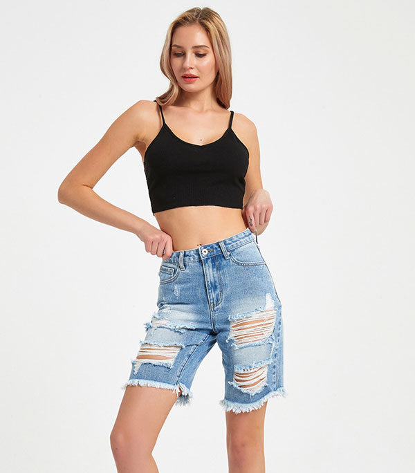 Distressed Bermuda Denim Shorts- Light Blue