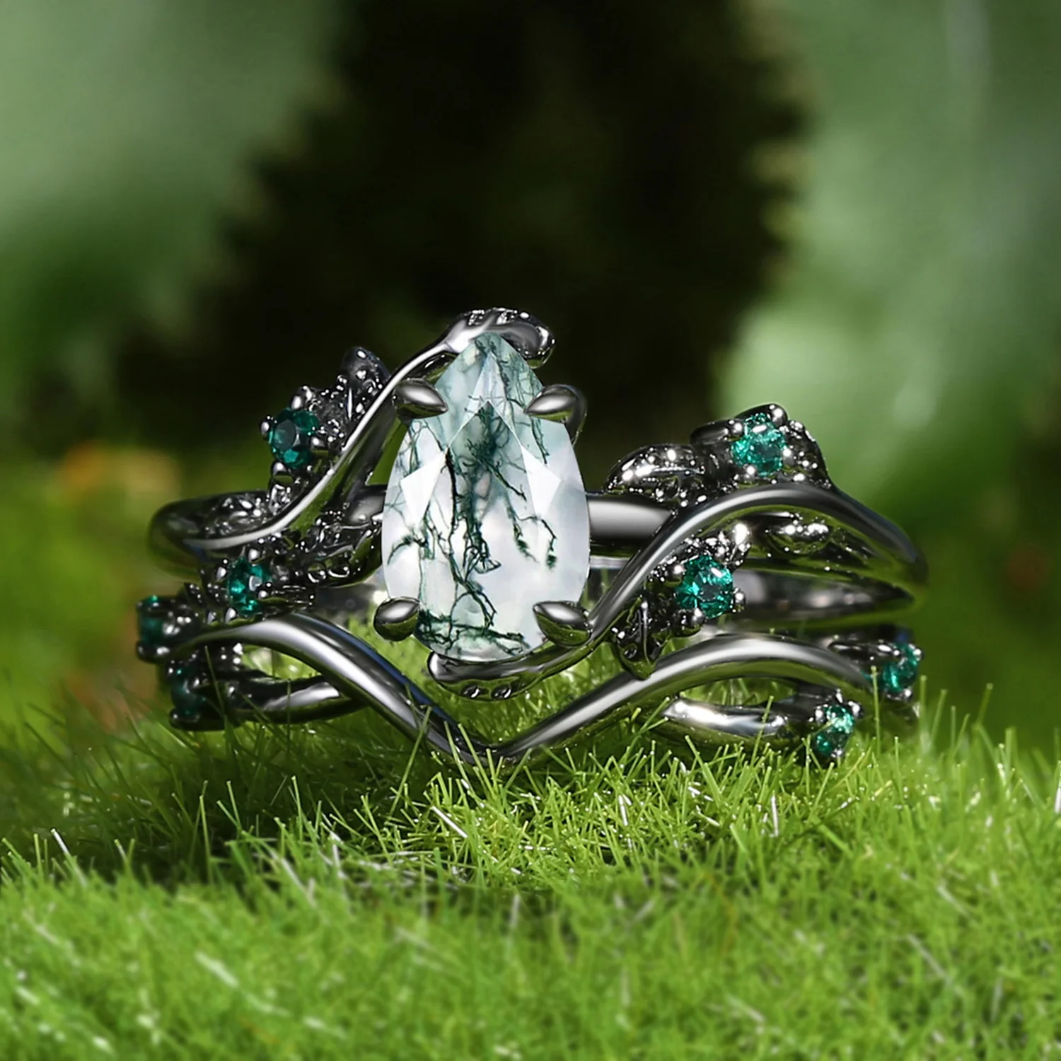 Nature Inspired - Pear Shaped Moss Agate Leafy Ring Set 2pcs - Mossy