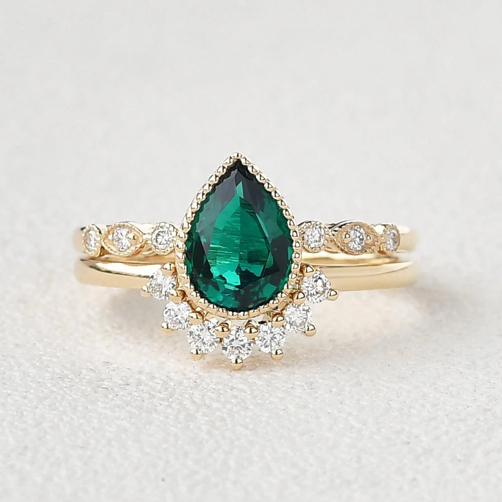 Pear Emerald Milgrain Vintage Ring Set 2pcs