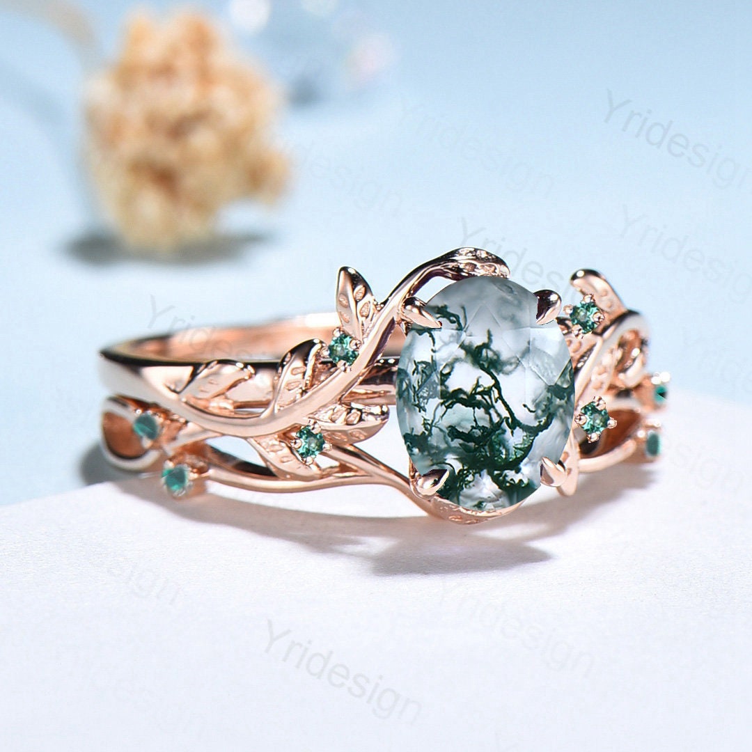 Natural Inspired Leaf moss agate ring set cluster emerald aquatic agate engagement ring women unique green stone wedding ring set for her