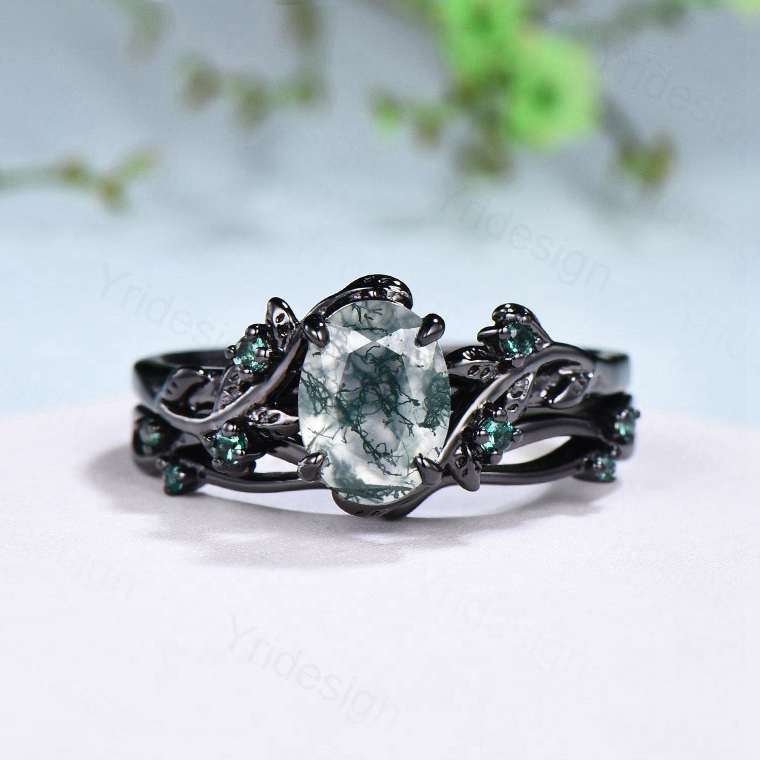 Unique black gold moss agate ring set Nature Inspired aquatic agate engagement ring vintage cluster emerald Leaf wedding ring set for women