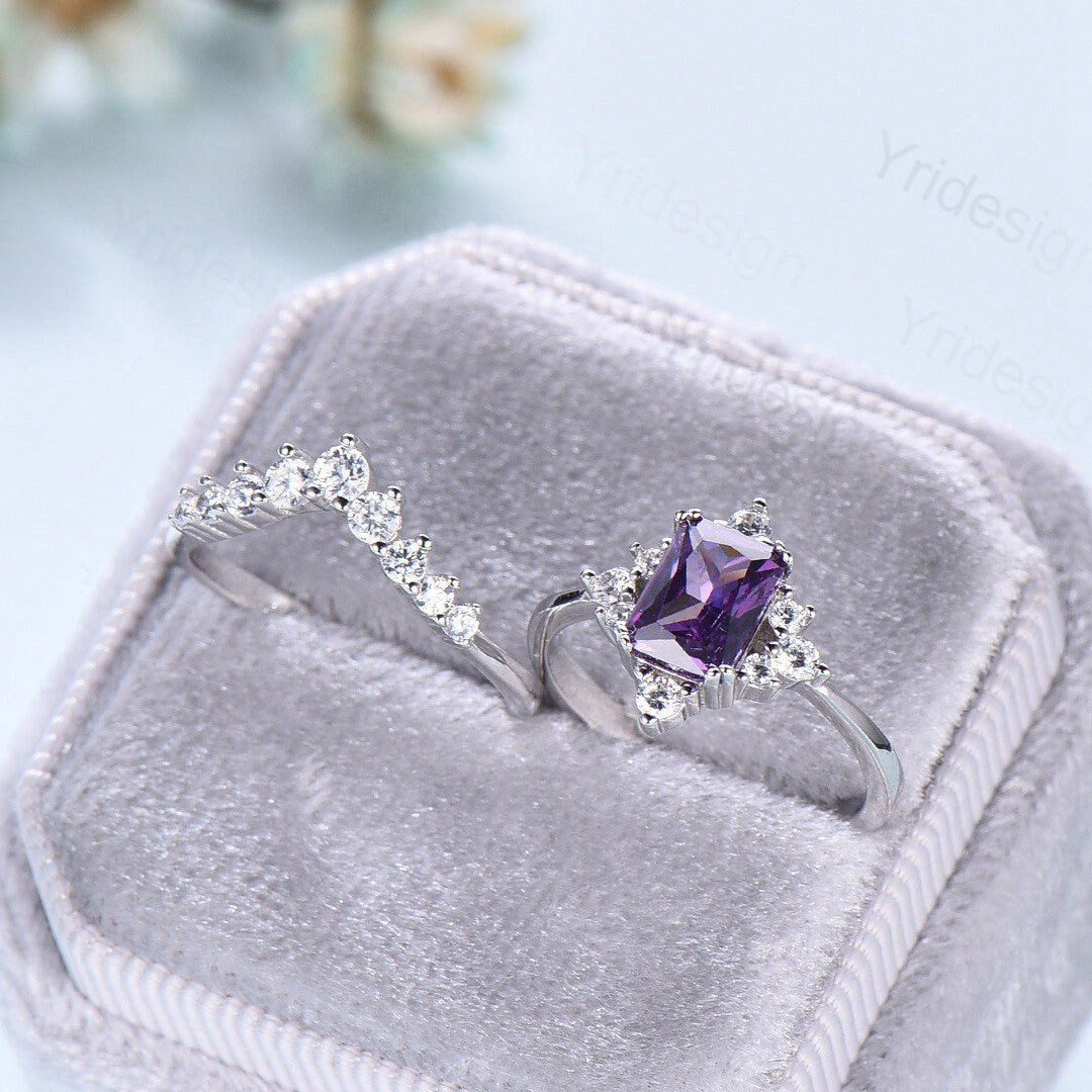 Vintage Emerald Cut Amethyst Engagement Ring Set / Purple Promise Ring Bridal Ring Set For Women / 2Pcs Gold February Birthstone Wedding Set