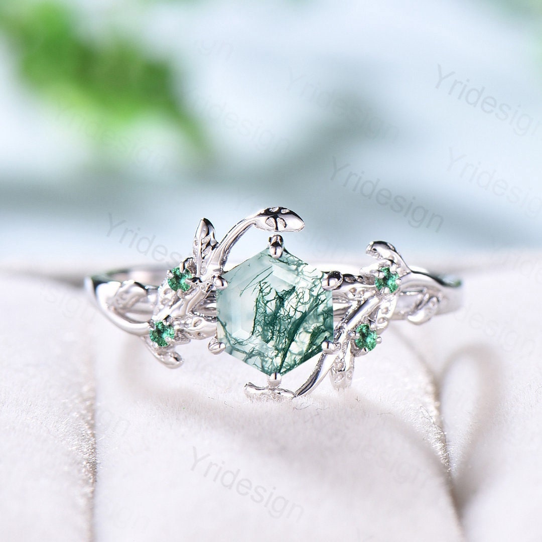 Elegant Natural Moss Agate Ring Vintage Unique Hexagon Engagement Ring Inspired Leaf Cluster Emerald Wedding Ring Women Green Gemstone Ring