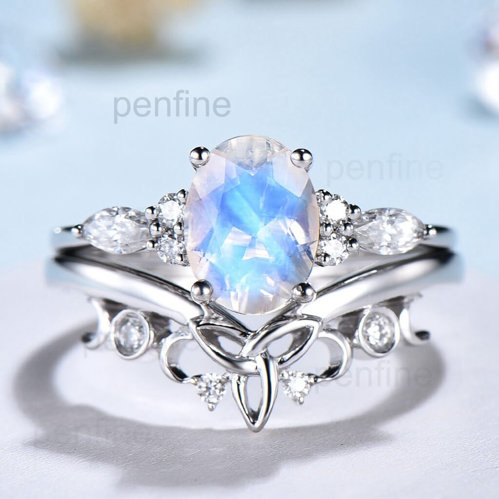 Norse Viking Rainbow Blue Oval Moonstone Wedding Set