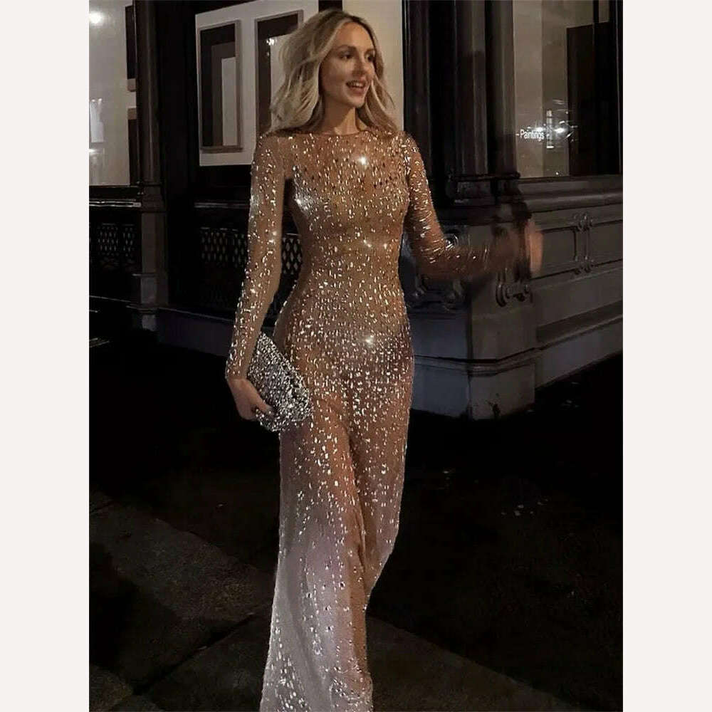 Tossy Glitter Female Cover up Maxi Dress Mesh See-Through Split Fashion Long Sleeve Slim Sexy Beach Cover up Dress For Women