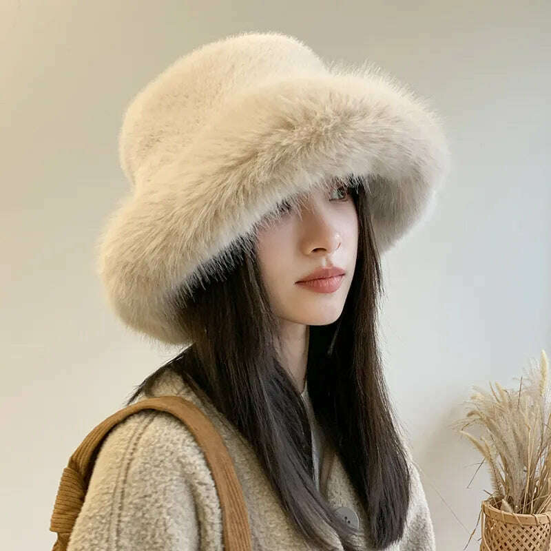 Winter Hat for Women Faux Fur Fluffy Bucket Hat for Women Luxury Plush Hat Thicken Snow Oversized Fur Bucket Hat Soft Panama Cap