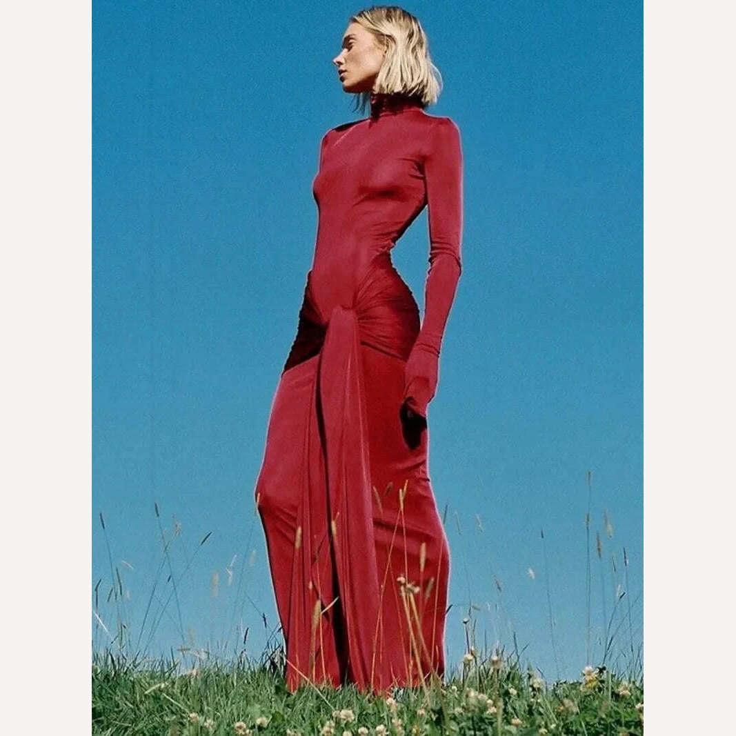 Woman Clothing Turtleneck Low Waist Bandage Bodycon Holiday Dress Streetwear Autumn Winter Solid Slim Party Club Long Dresses