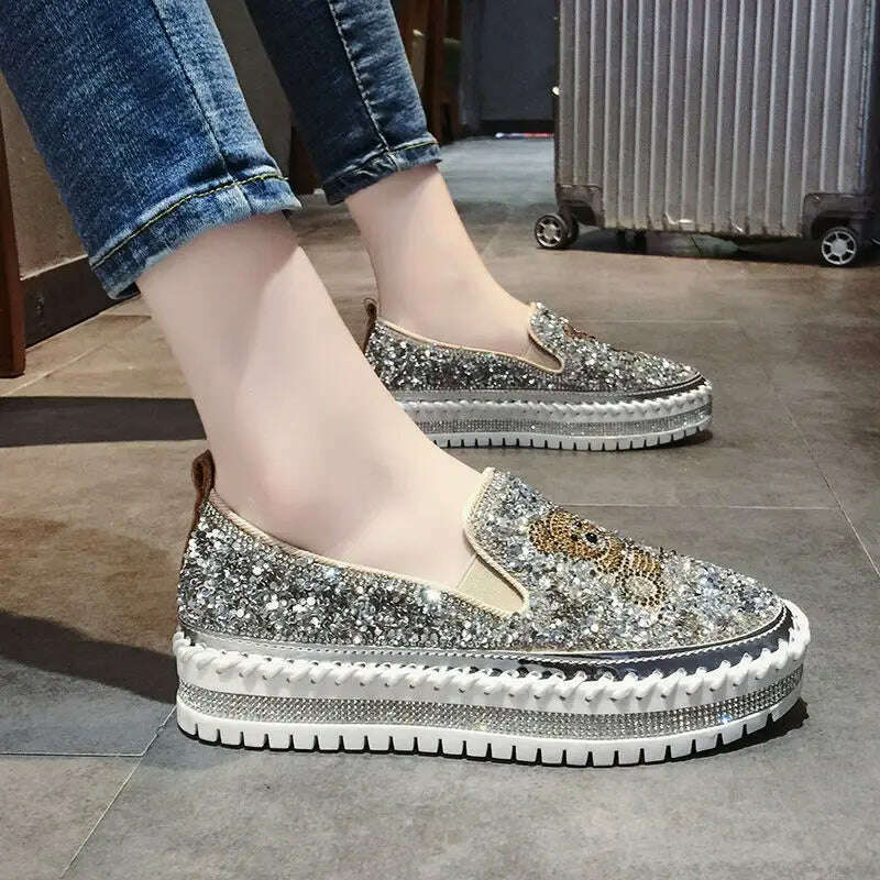 Autumn Women Thick Bottom Sneaker Running Fashion Designer Woman Shoes Trend 2023 Casual Canvas Mirror Luxury Rhinestone Spring