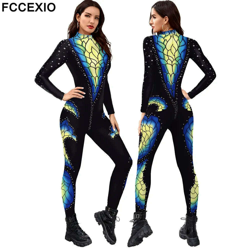 FCCEXIO Crocodile Skin 3D Printed Holiday Party Women Jumpsuits New Fashion Sexy Jumpsuit Wear Cosplay Costume Catsuit Bodysuit