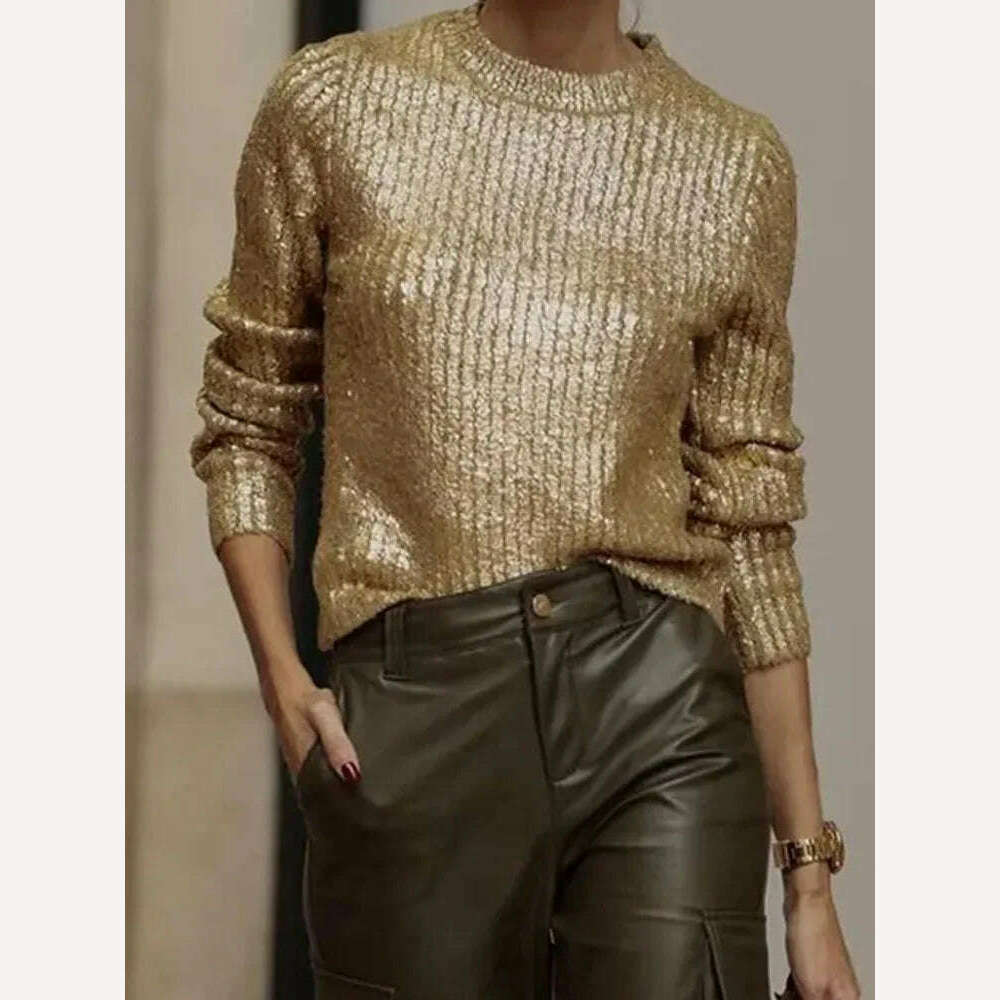 Fashion Gold O Neck Sweaters for Women 2023 Autumn Winter Causal Long Sleeve Knit Pullover Elegant Office Ladies Loose Jumpers