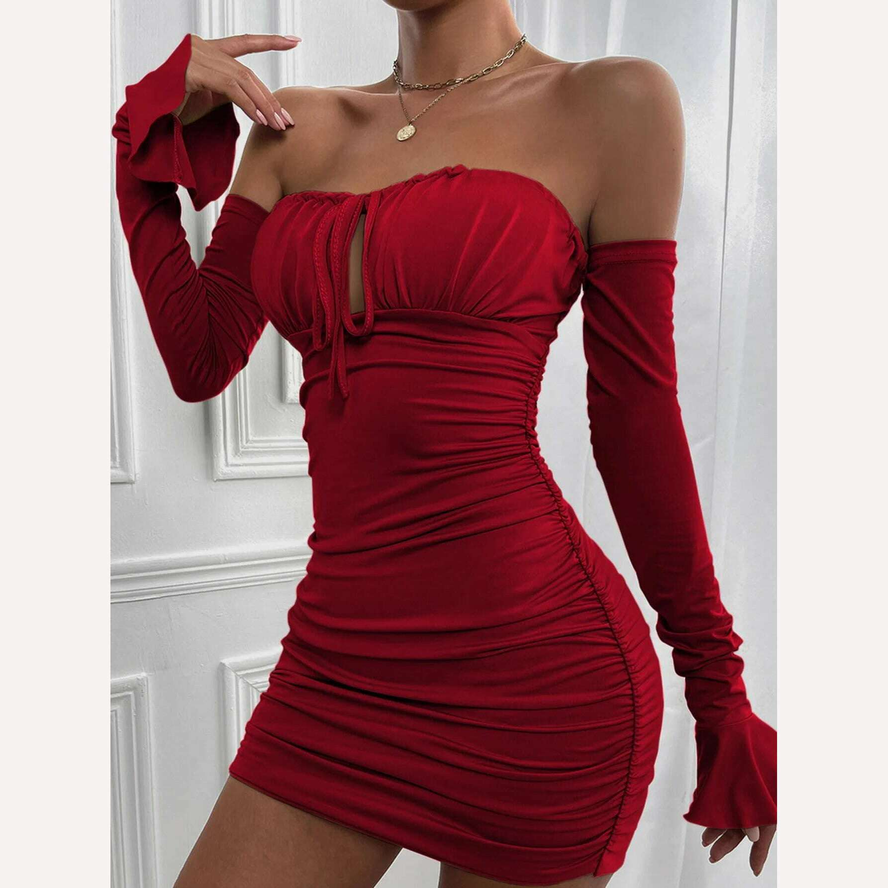Giyu Sexy Bodycon Dress Women 2023 Autumn Club Party Dresses  Lace Up Off Shoulder Backless Flare Long Sleeve Ruched Mini Robe