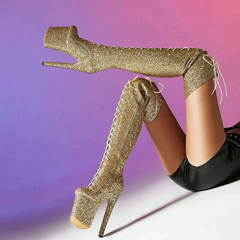 Glitter Bling Bling Shiny Pole Dance Women Sexy Shoes Super Spike High Heels Overknees Lace-up Platform Stripper Thigh Boots