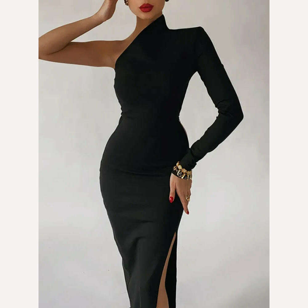 Long Elegant Dresses for Women Summer One Shoulder Maxi Dress Bodycon Sexy Black Slit Fomal Wedding Evening Party Dress 2022