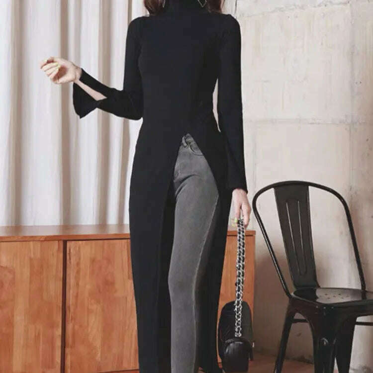 Office Lady Fashion Women&#39;s High Collar Casual Split Solid Color Sleeveless Bodycon 2023 New Solid Color Long Dress T513