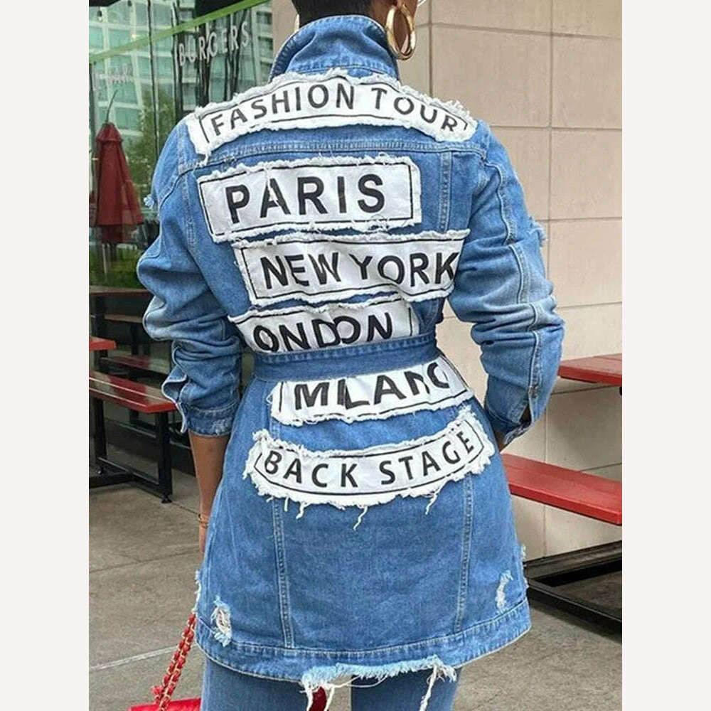 Plus Size Women's Denim Jacket with New Embroidered Letters Casual Foldable Collar Women's Medium Length Jacket Paired with Belt